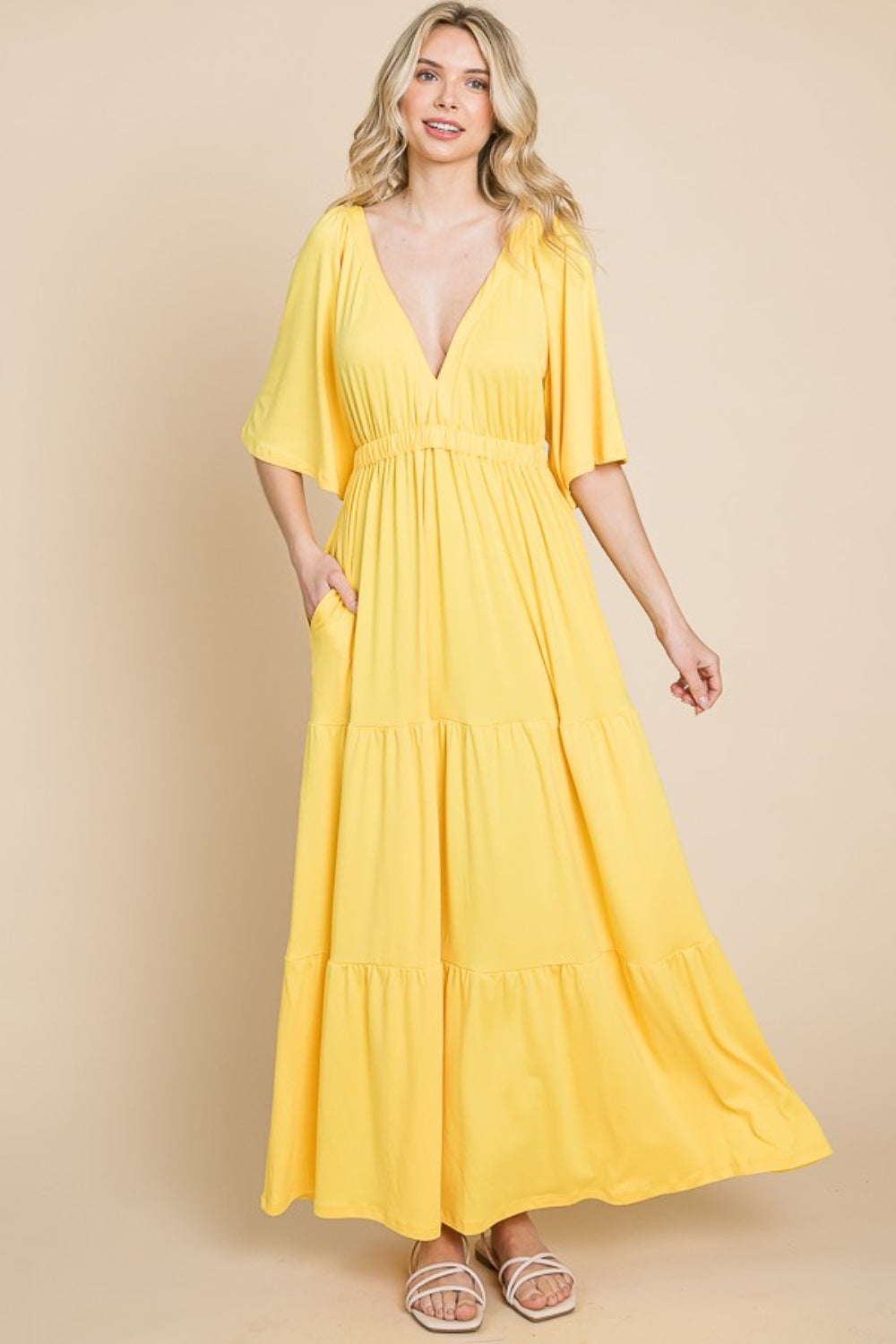 Yellow Backless Plunge Half Sleeve Tiered Dress