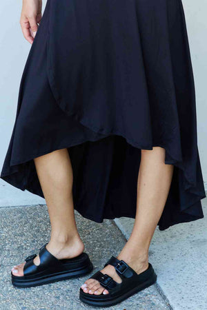 Black High Waisted Banded Overlap Design Flare Skirt