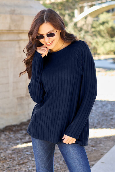 Long Sleeve Ribbed Round Neck Knit Top