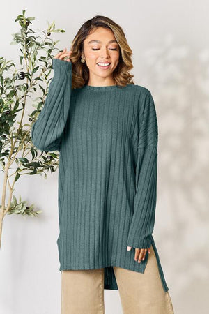 Ribbed Round Neck Long Sleeve Slit Top