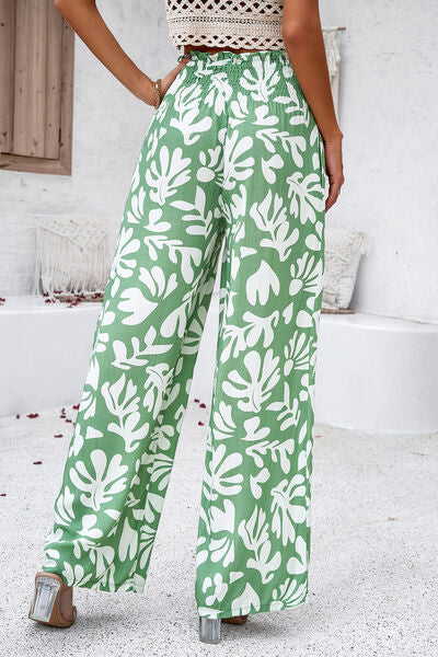 Trendy Smocked Printed Wide Leg Pants with Pockets