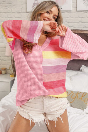 Striped Contrast Waffle Long Sleeve Top