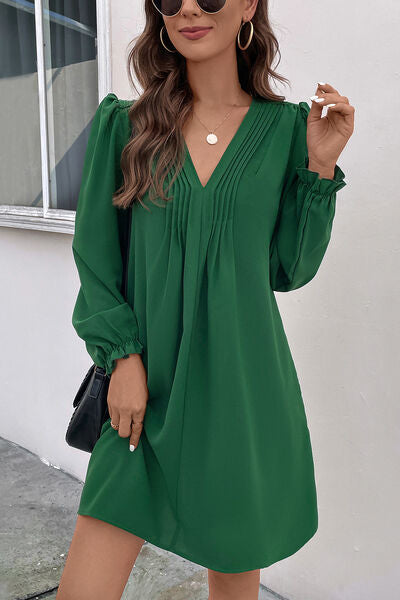 Green V-Neck Flounce Sleeve Dress