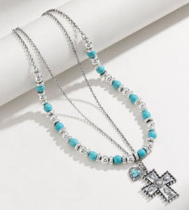 Artificial Turquoise Beaded Cross Necklace