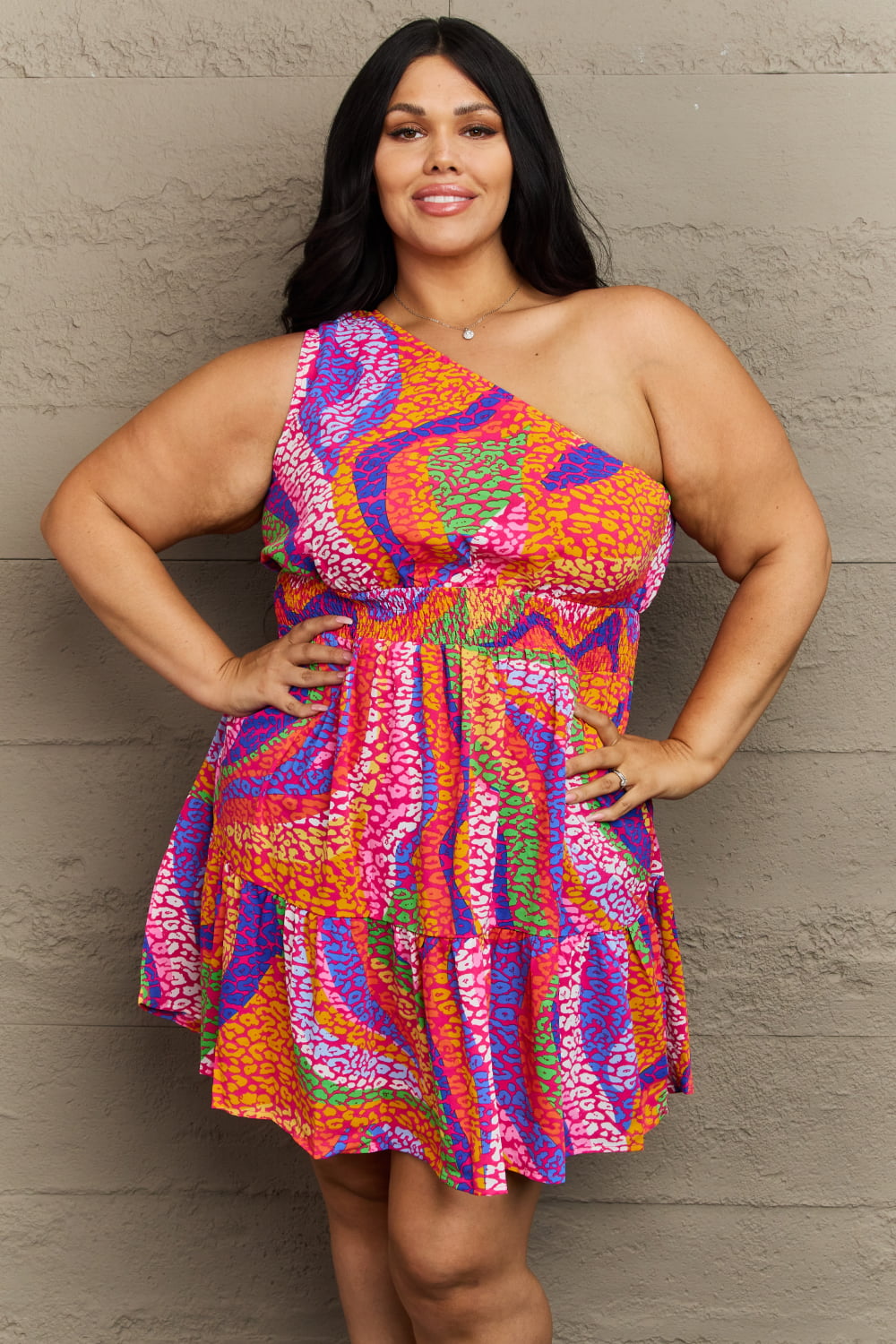 Multicolored One Shoulder Mini Tiered Dress