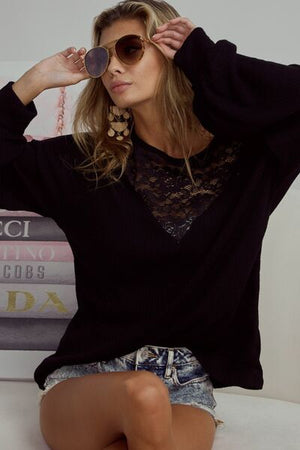 Black Lace Detail Ribbed Long Sleeve Top