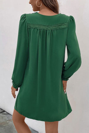 Green V-Neck Flounce Sleeve Dress