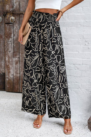 Trendy Smocked Printed Wide Leg Pants with Pockets
