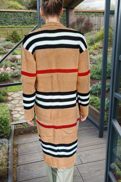 Striped Long Sleeve Longline Cardigan Sweater